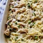 Turkey Tetrazzini, close up baked in casserole dih