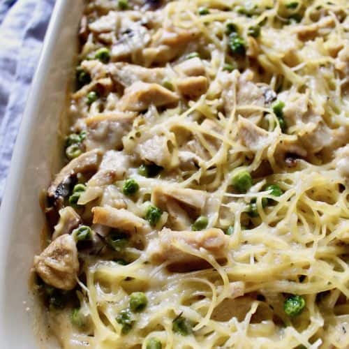 Turkey Tetrazzini, close up baked in casserole dih