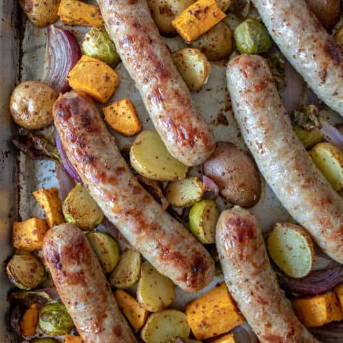 Sausage Sheet Pan Dinner, overhead on pan after roasting in oven.
