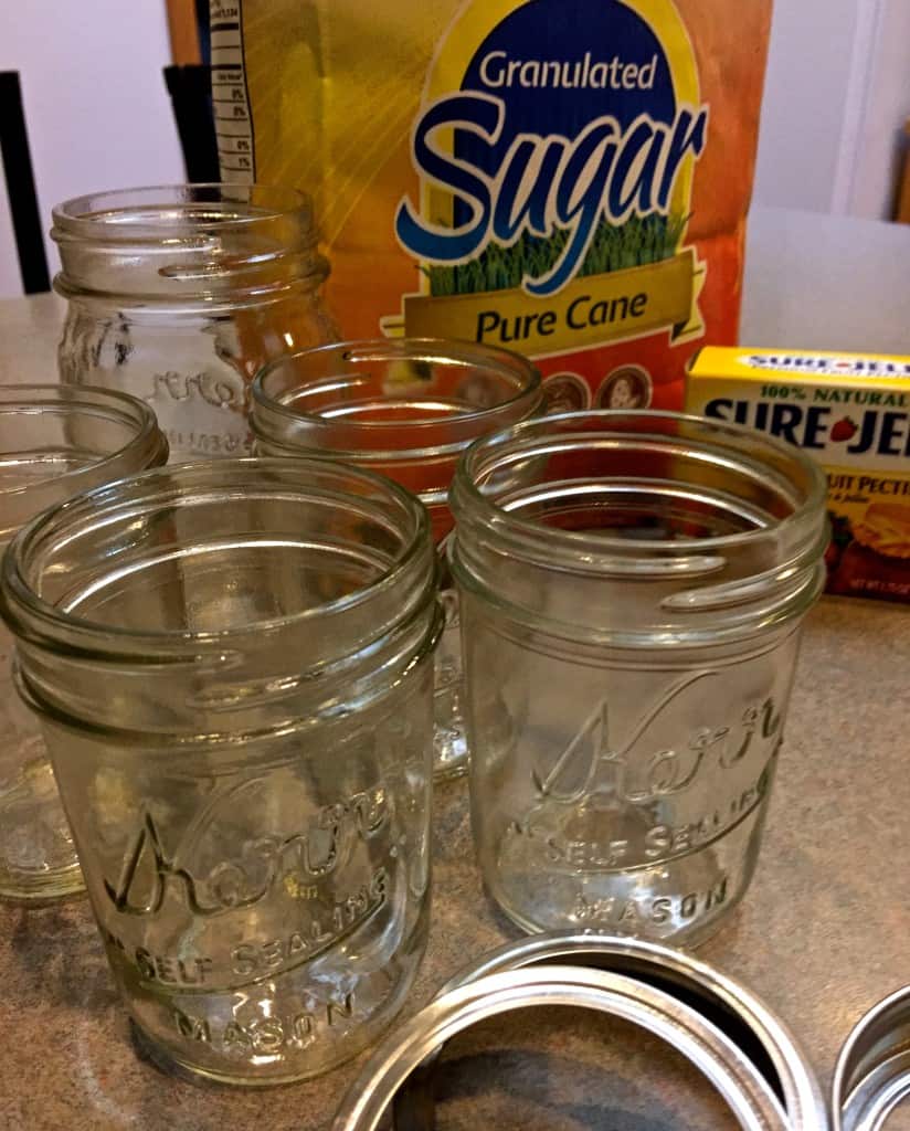 Supplies for canning jam, displayed on kitchen counter.