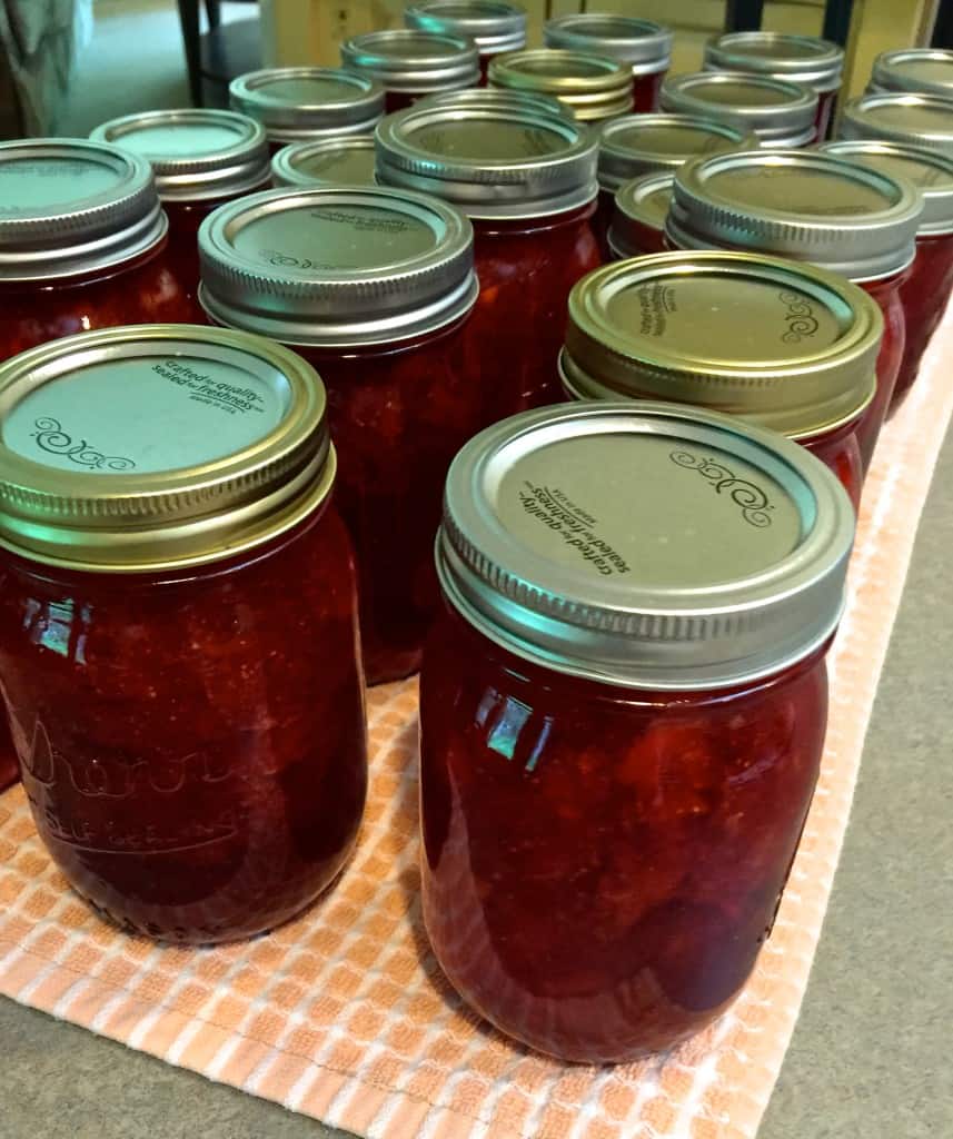 Jars of finished jam on towel sitting on counter.