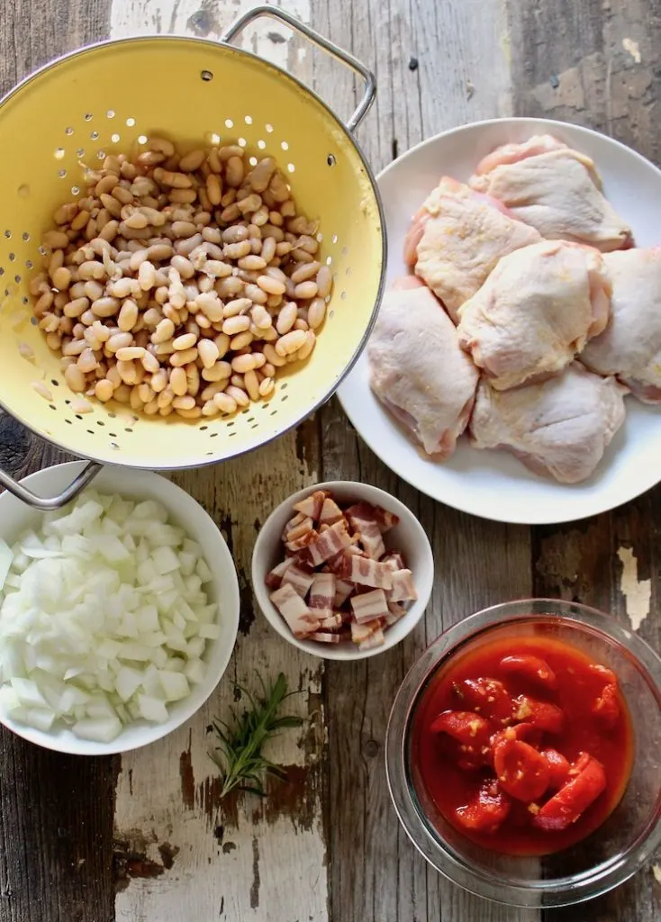 Ingredients photo, chicken thighs, beans, onion, bacon and stewed tomatoes.