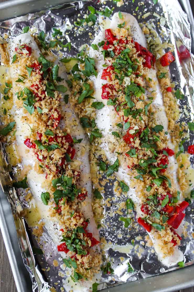 Fish on foil lined pan ready for baking.
