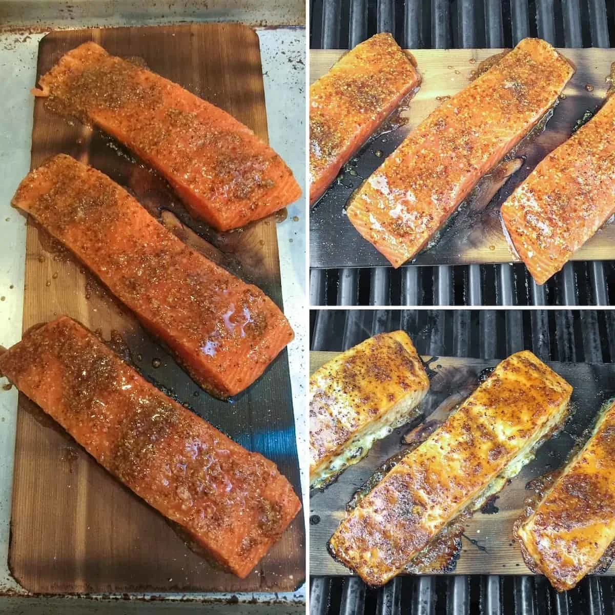 Three photo process collage, cooking salmon on cedar plank on grill.