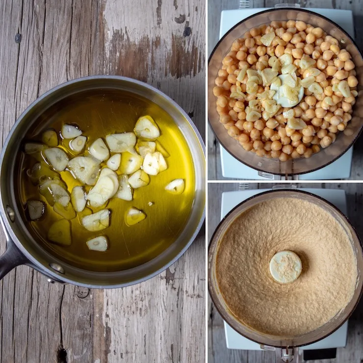 Three photo collage of process Of mellowing garlic and pureeing chickpeas.