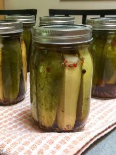 Finished jar of canned garlic dill pickles.
