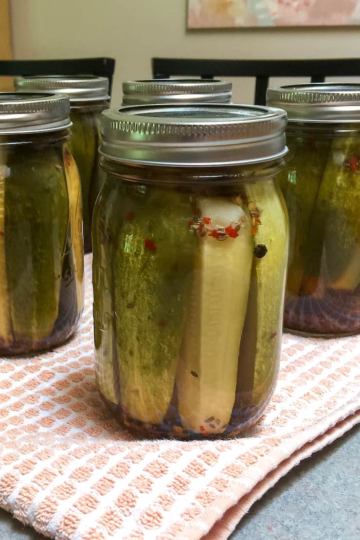 Finished jar of canned garlic dill pickles.