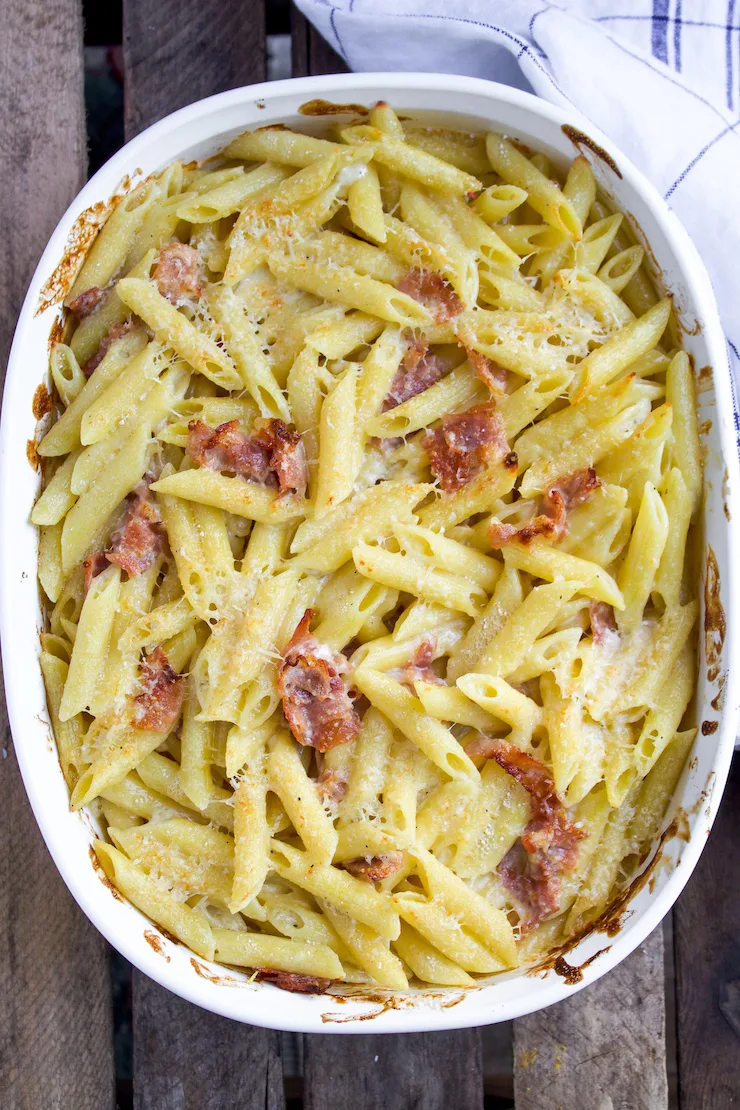 Baked penne in casserole dish.