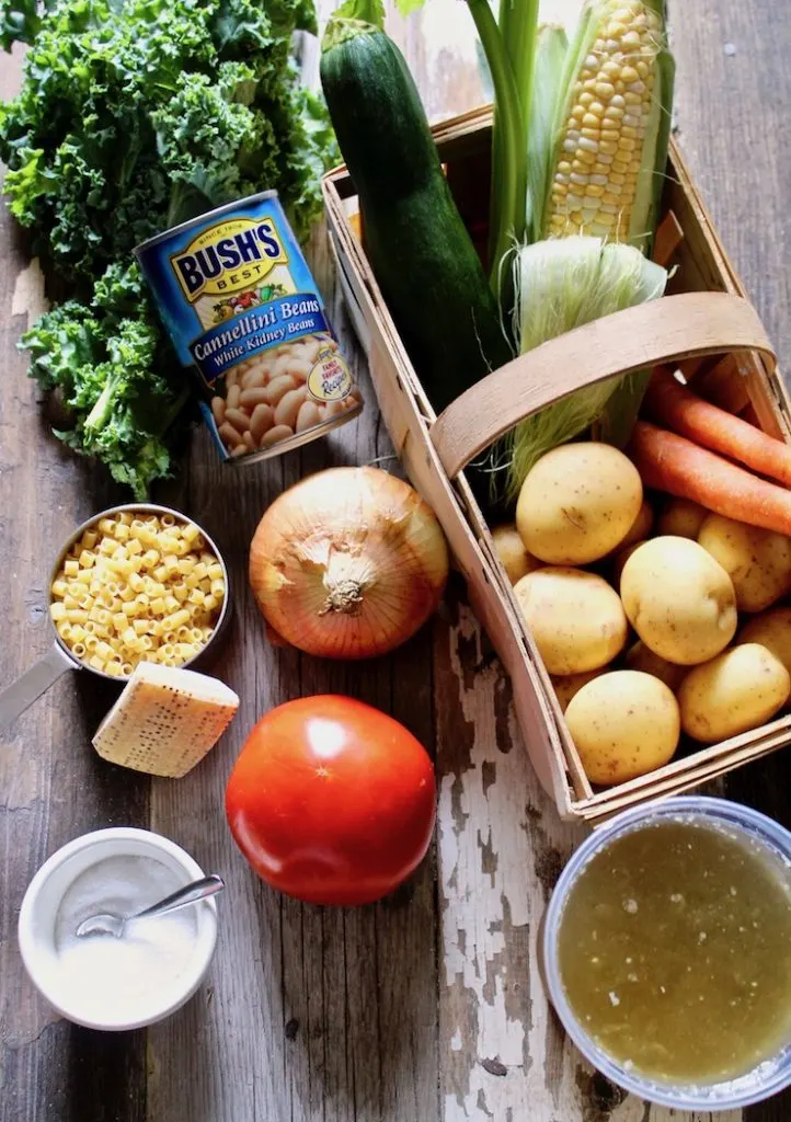Summer minestrone ingredients, fresh vegetables in basket