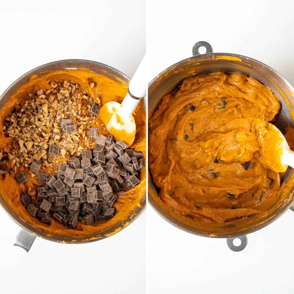Two photo collage, mixing in chocolate chunks and walnuts.