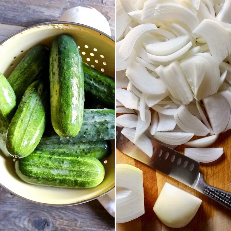 Prepping cucumbers and sliced onions collage photo