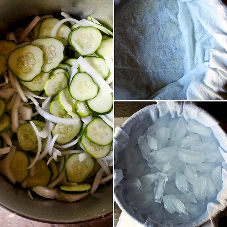 Sliced cucumbers and onions in pot under ice, collage photo