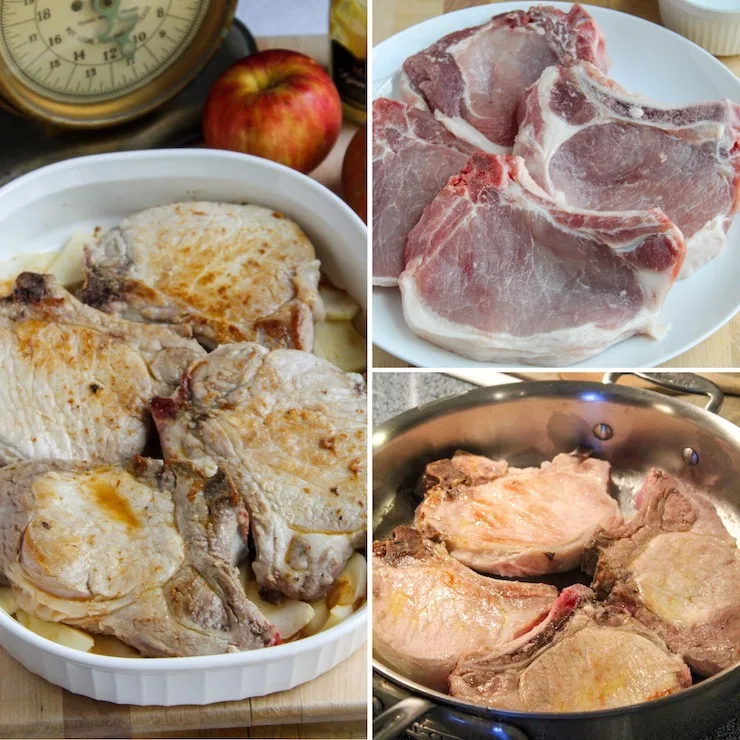 Browning pork chops process photo collage.