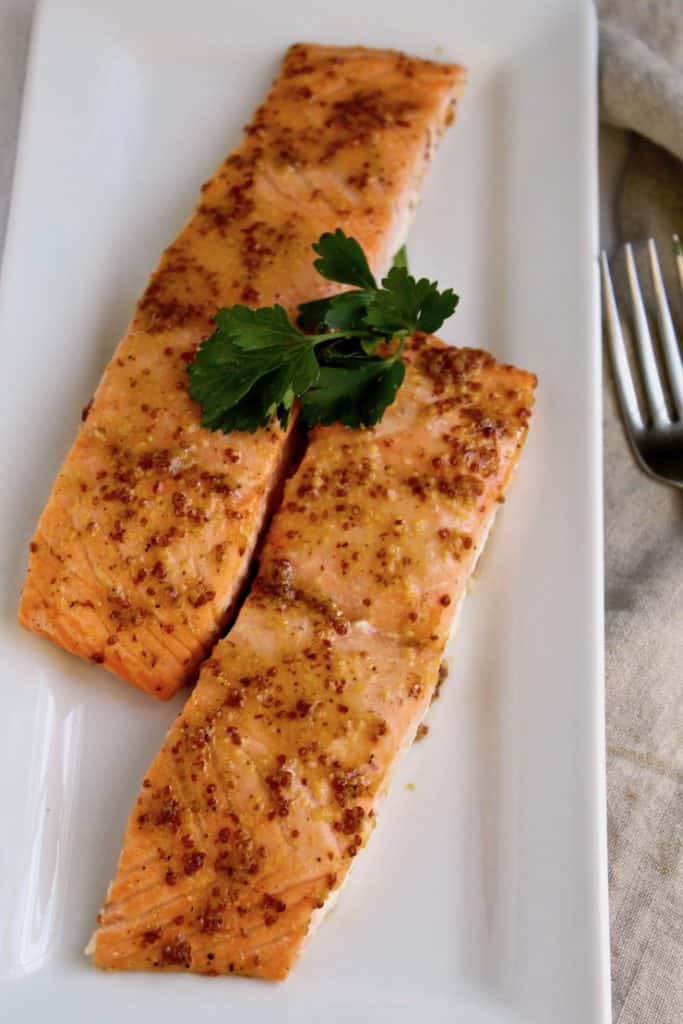 Roasted Glazed Salmon, overhead photo on platter