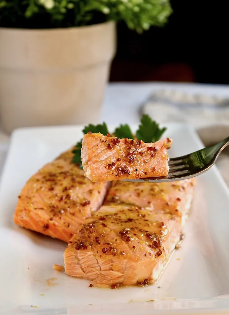 Roasted Glazed Salmon, on forkful over serving platter