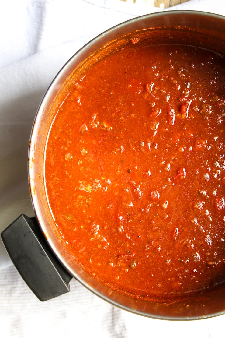 Pot of classic beef and bean chili.