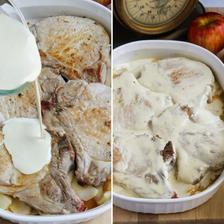 Pouring mustard cream over chops before baking.