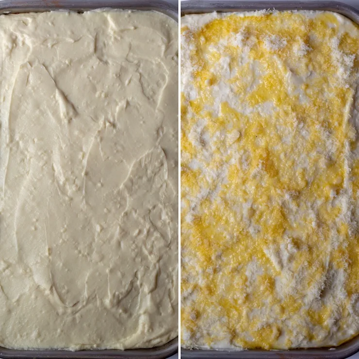 Adding béchamel layer, then more cheese and melted butter.