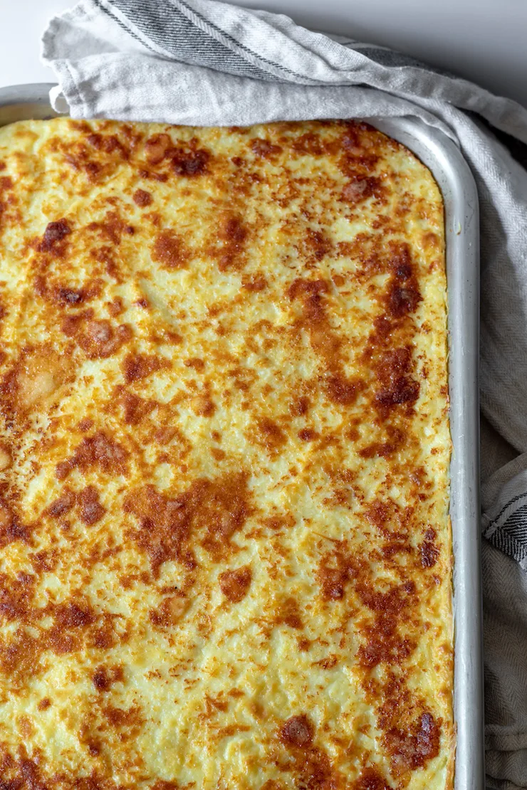 Overhead photo of pastitsio baked in pan.