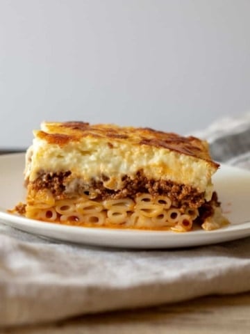 Slice of pastitsio on serving plate.