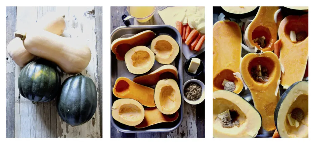 Three photo process collage of preparing squash for baking.