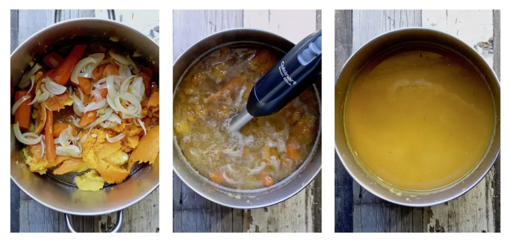 Three photo process collage of puréeing soup in pot.