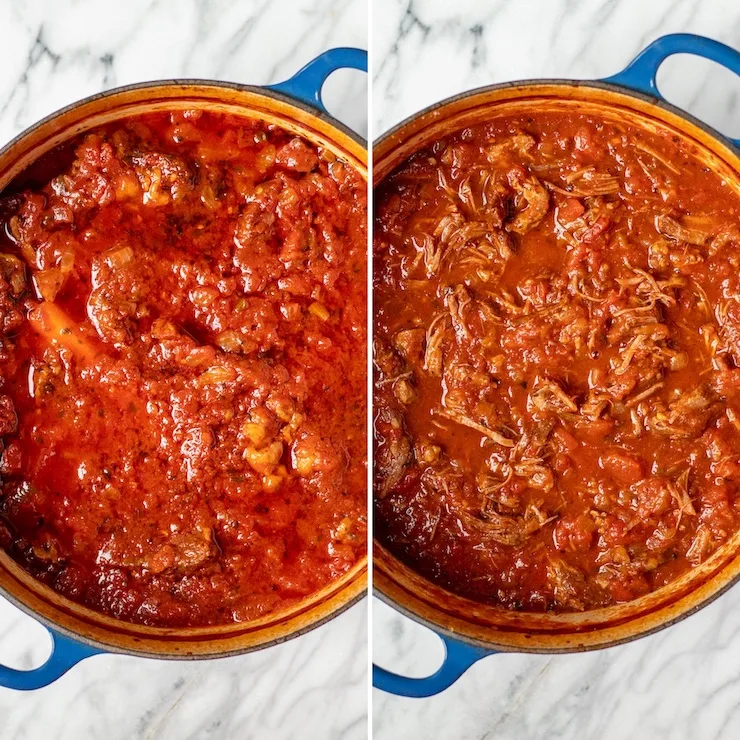 Finished sauce in pot collage, before and after shredding meat.