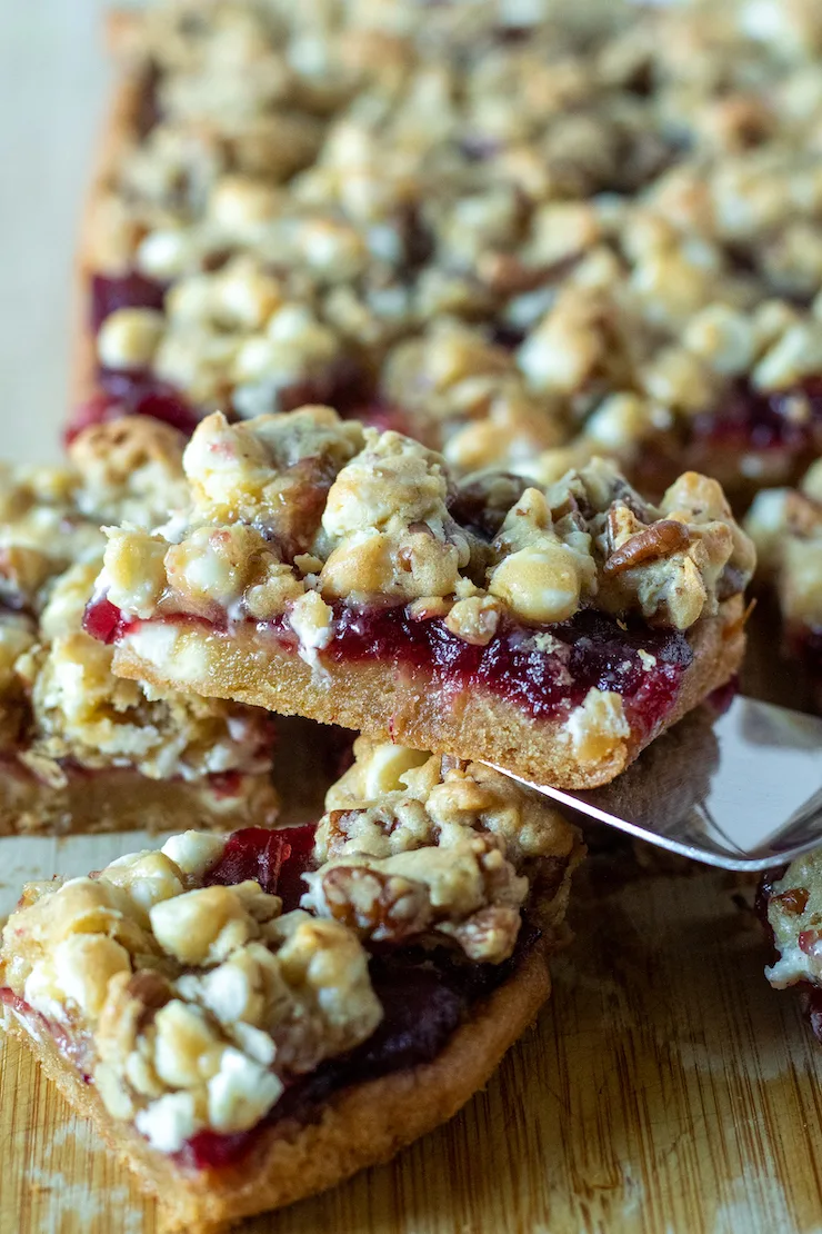 White chocolate cranberry bar close up on dessert knife.