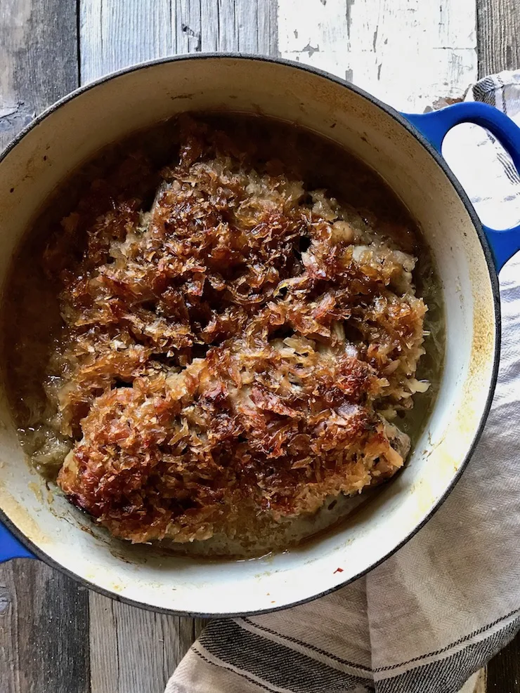 In Dutch oven after cooking, surface browned