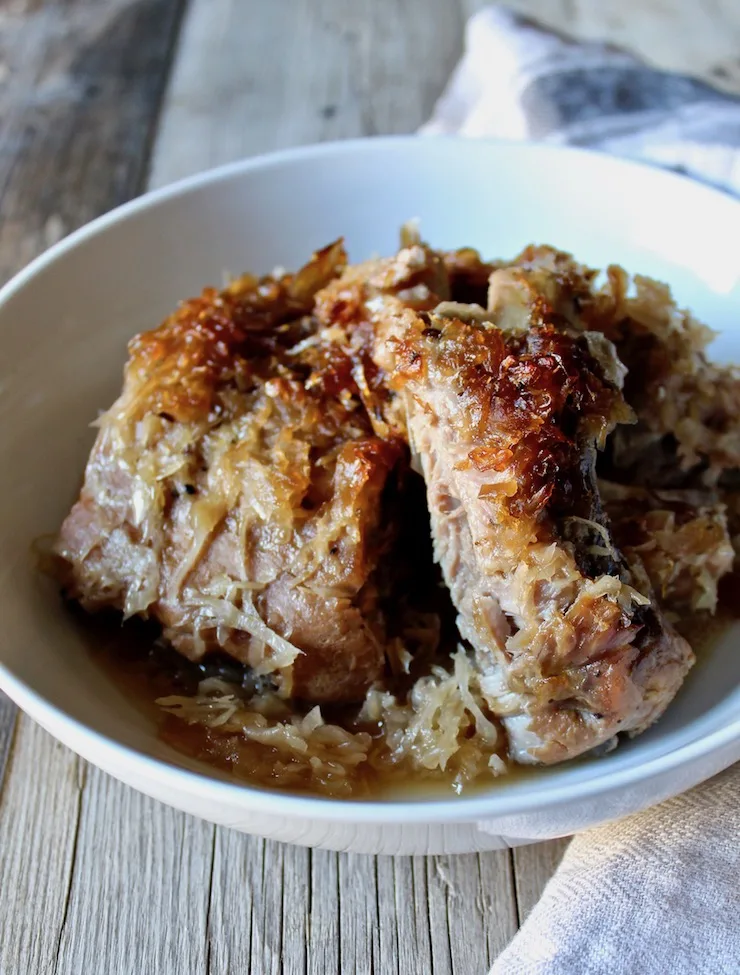 Braised pork and sauerkraut in serving bowl