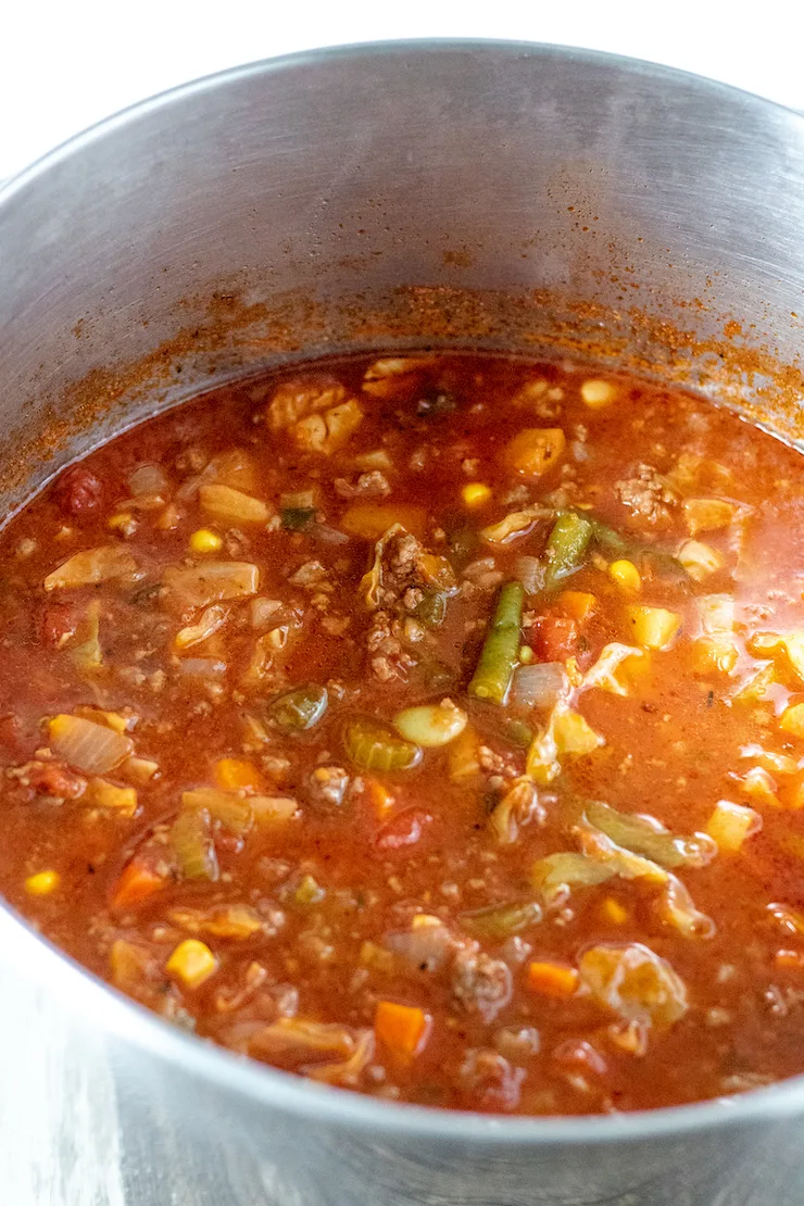 Pot of vegetable beef soup.