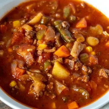 Bowl of vegetable beef soup.