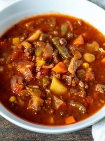 Bowl of vegetable beef soup.