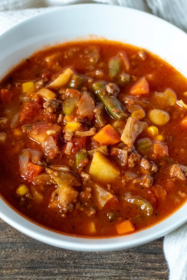 Bowl of vegetable beef soup.