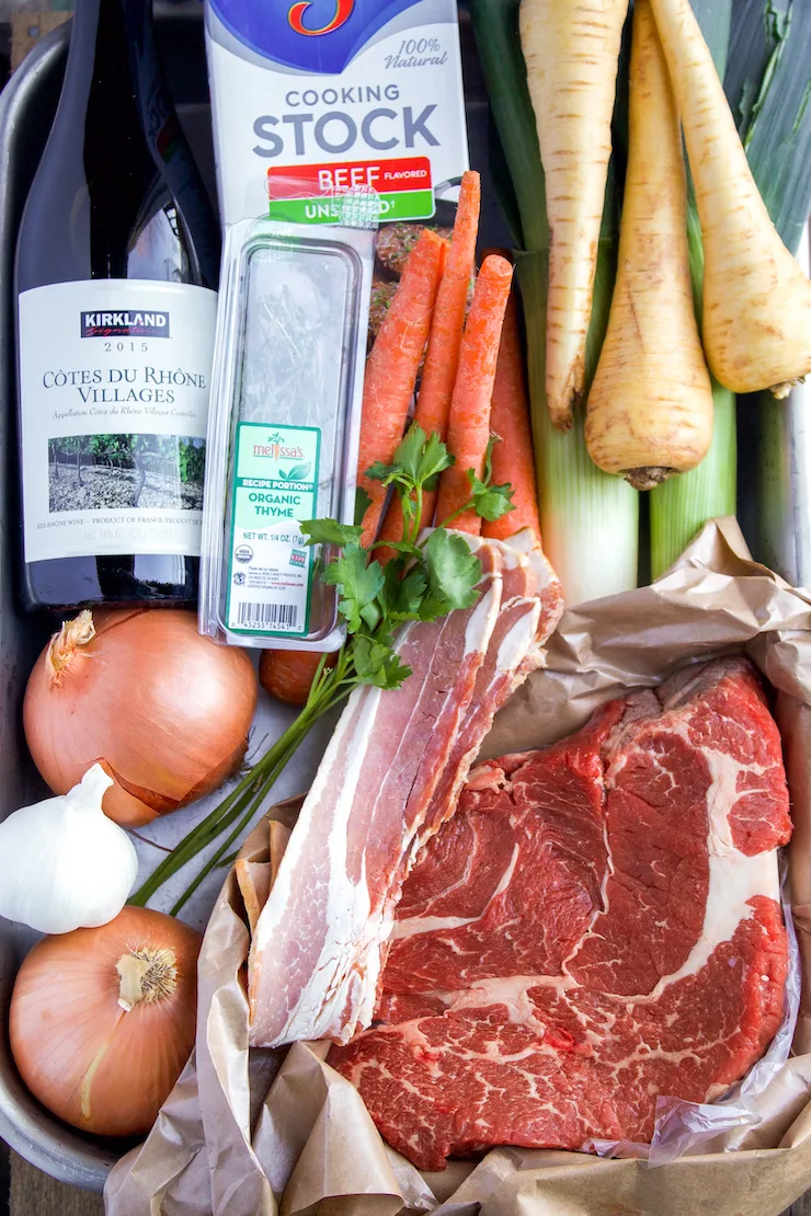 Ingredients for beef stew with red wine.