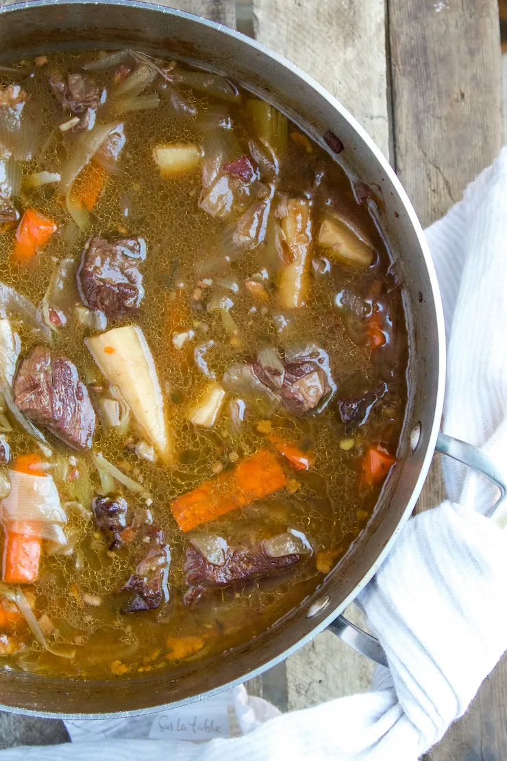 Pot of beef burgundy stew.