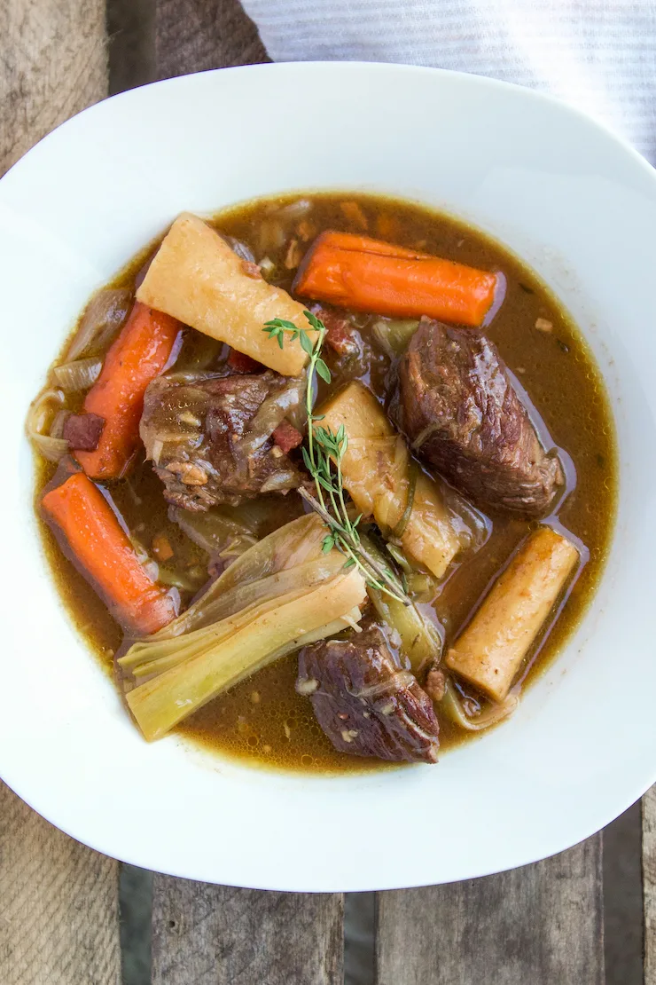 Overhead photo of beef stew in bowl