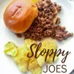 Sloppy Joes, pin for Pinterest of sandwich and chips with text.