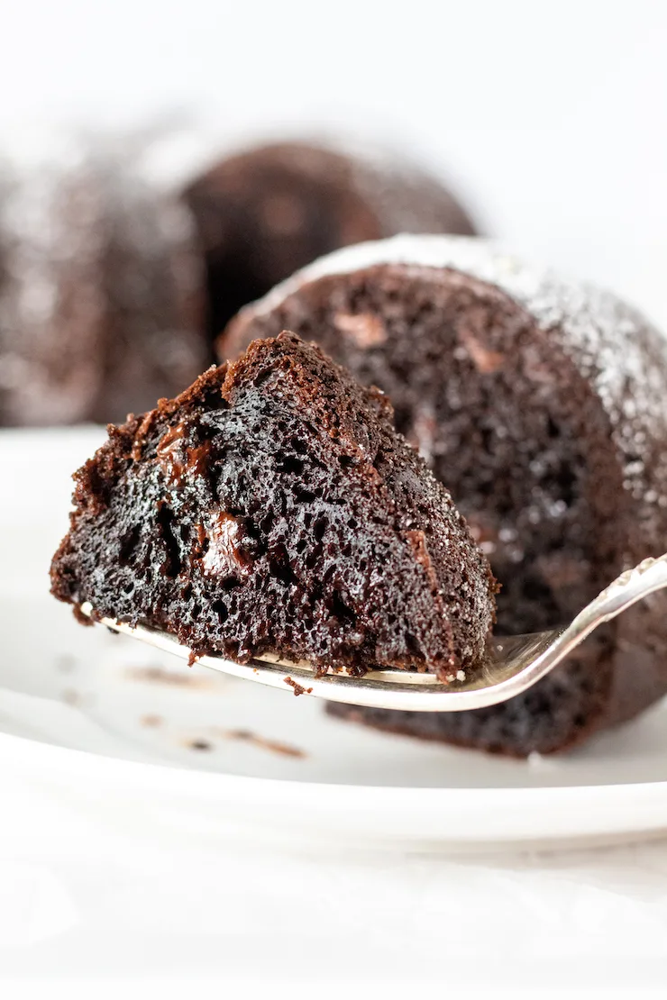 Piece of chocolate cake with forkful on white plate.