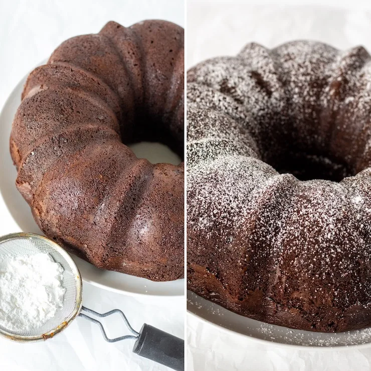 Two photo collage, dusting finished cake with powdered sugar.