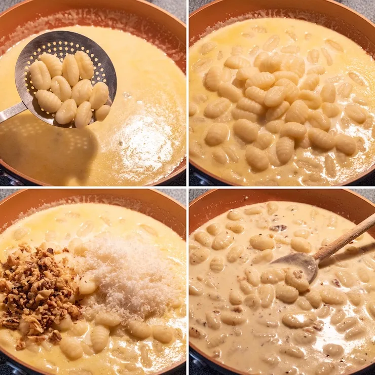Photo collage, steps to finish assembling the gnocchi in skillt.