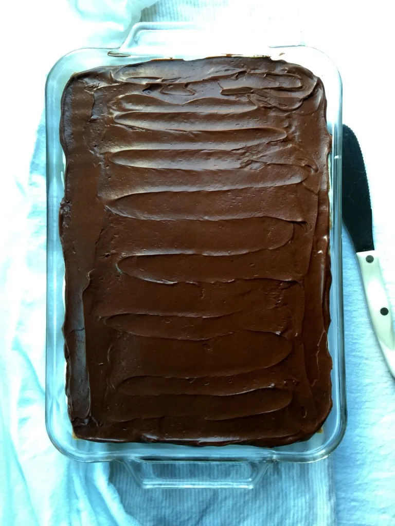 Éclair Cake, overhead in glass dish.