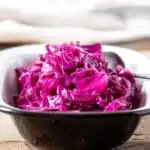 Braised red cabbage in serving dish.