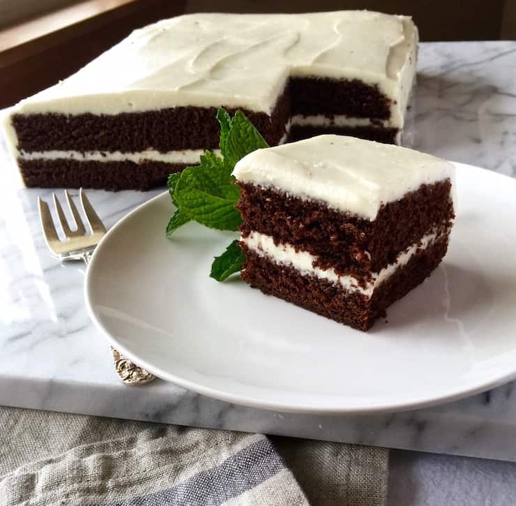 Chocolate Mint Cake, piece on plate with cake in background.
