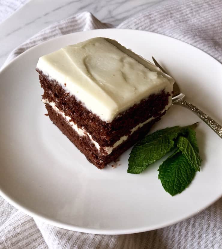 Chocolate Mint Cake, on serving plate with mint garnish and fork.