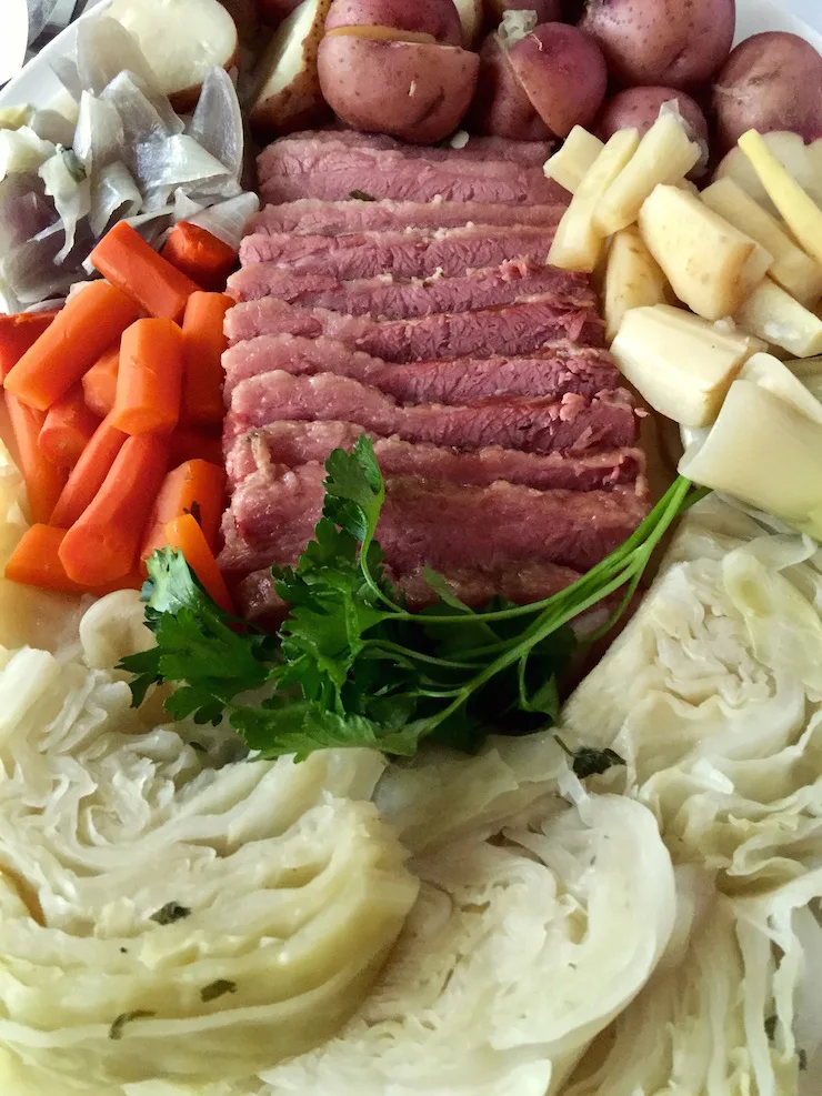 Corned Beef and Cabbage, close up on serving platter.