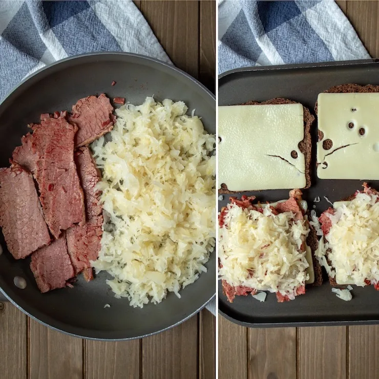 Reubens, process photo, heated corned beef and sauerkraut and assembled for grilling.