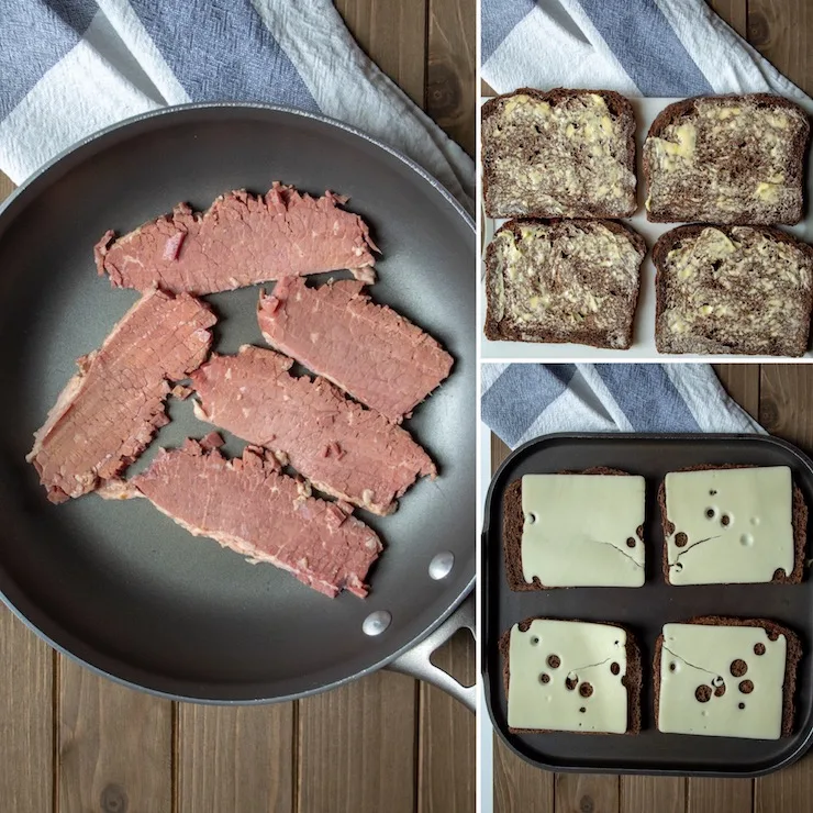 Reubens, process photo, heating corned beef, buttered bread and Swiss cheese.