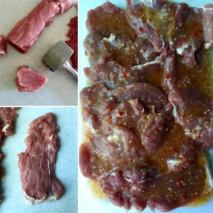 Grilled Pork Tenderloin Sandwiches, process collage photo of pounding/marinating tenderloins