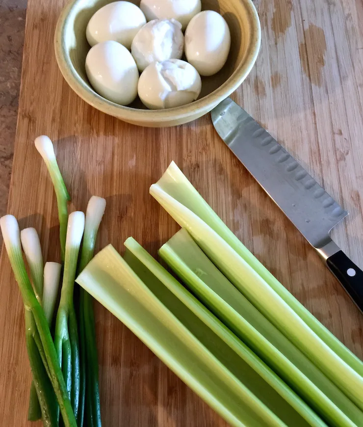 Honey's Potato Salad, hard boiled eggs, scallions and celery ingredients.